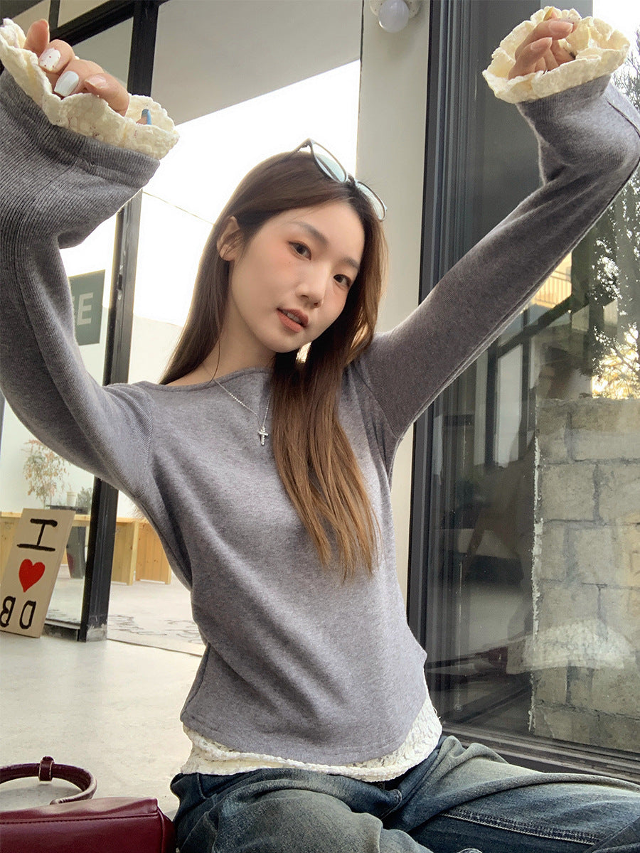 Women Lace Hem Fake Two-Piece Slim Long Sleeve Top
