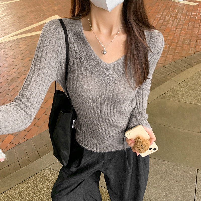 French Style V-Neck Women Knit Long Sleeve Top