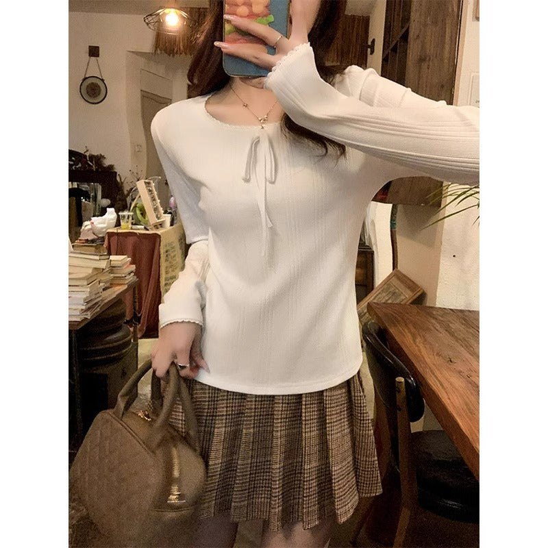 White Lace Slim Long Sleeve Women Autumn Winter Top