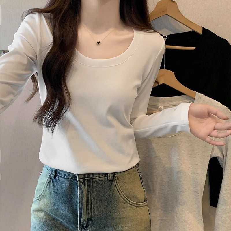 French Style U-Neck Cotton Women Long Sleeve Top