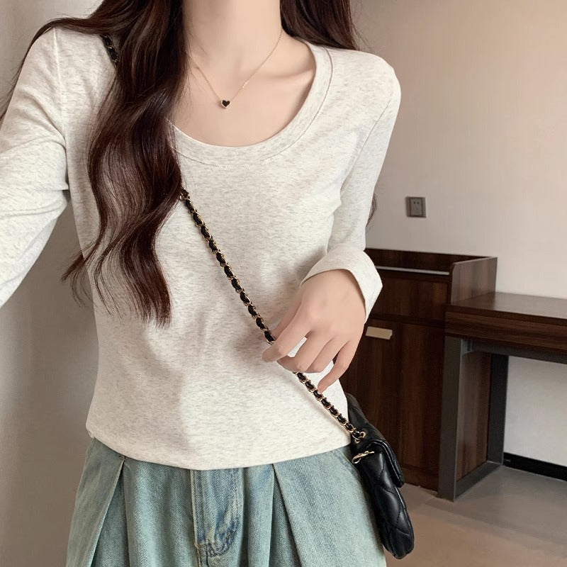 Women Cotton U-Neck Slim Long Sleeve Base Top
