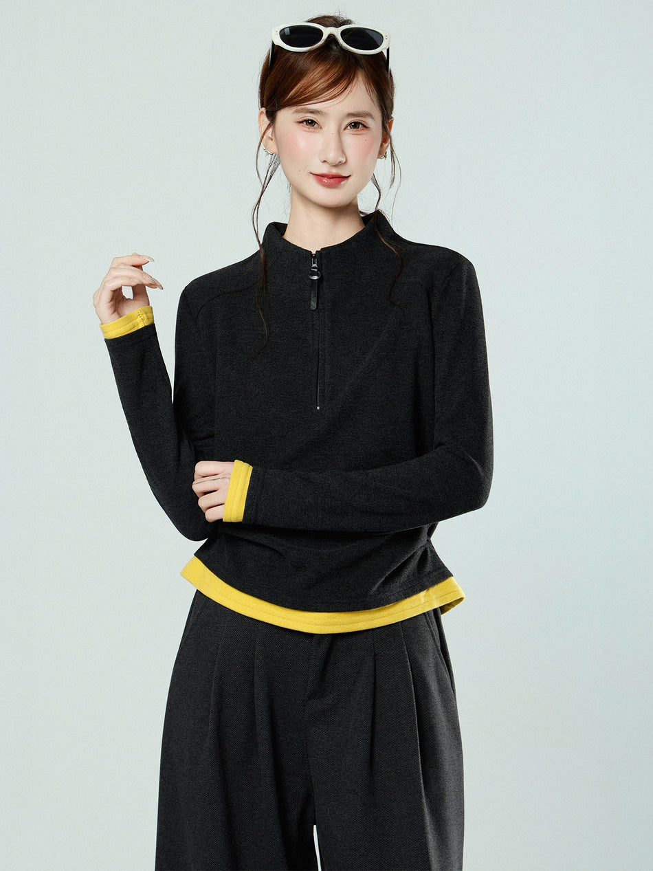 Women Dark Gray Velvet Half Turtleneck Winter Top