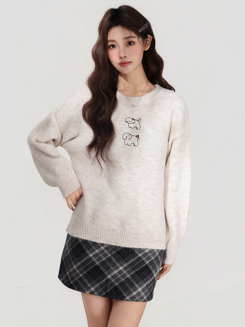 Women Puppy Embroidery Knit Long Sleeve Winter Sweater