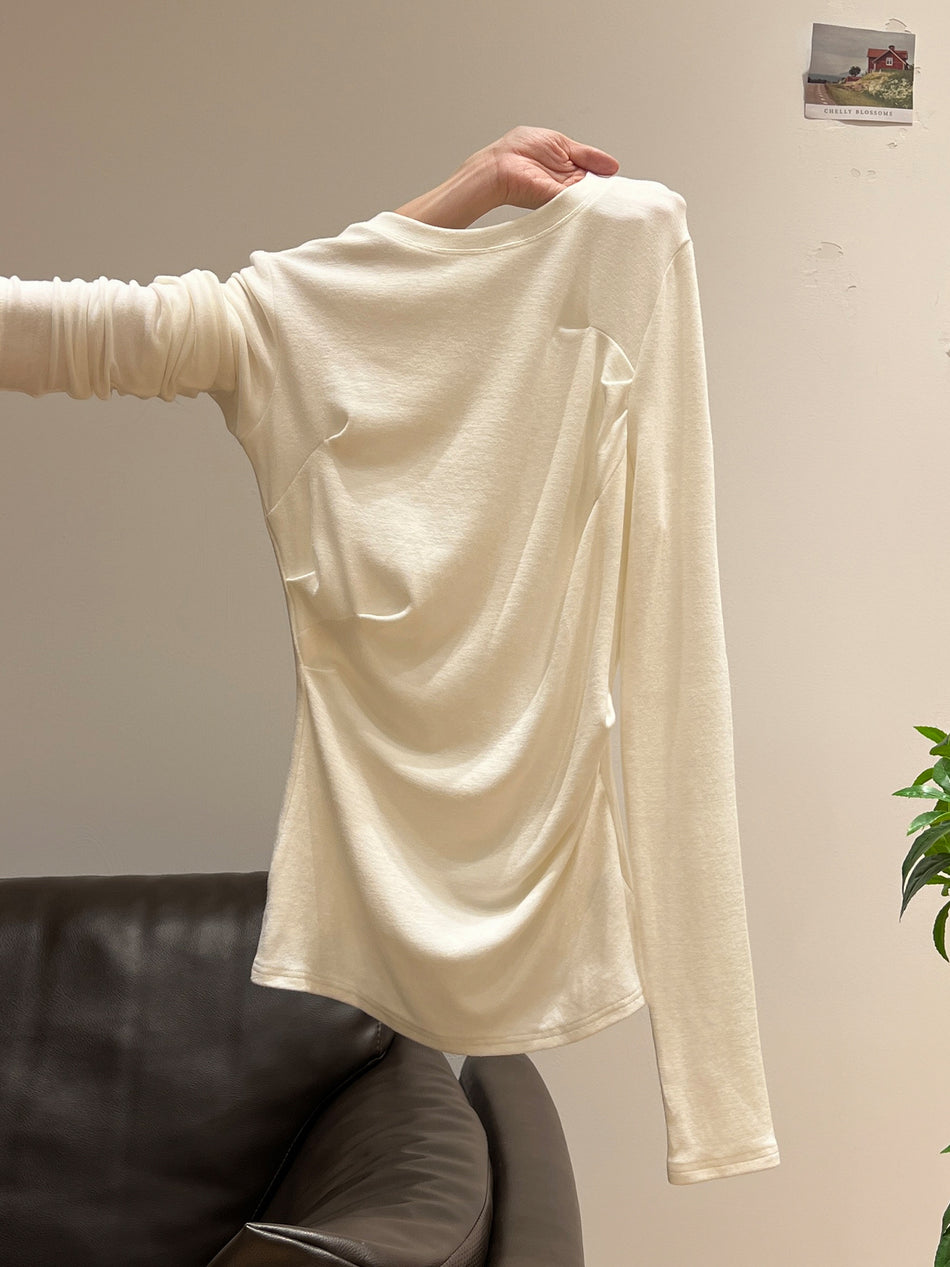 Women White Ruched Slim Long Sleeve Autumn Top
