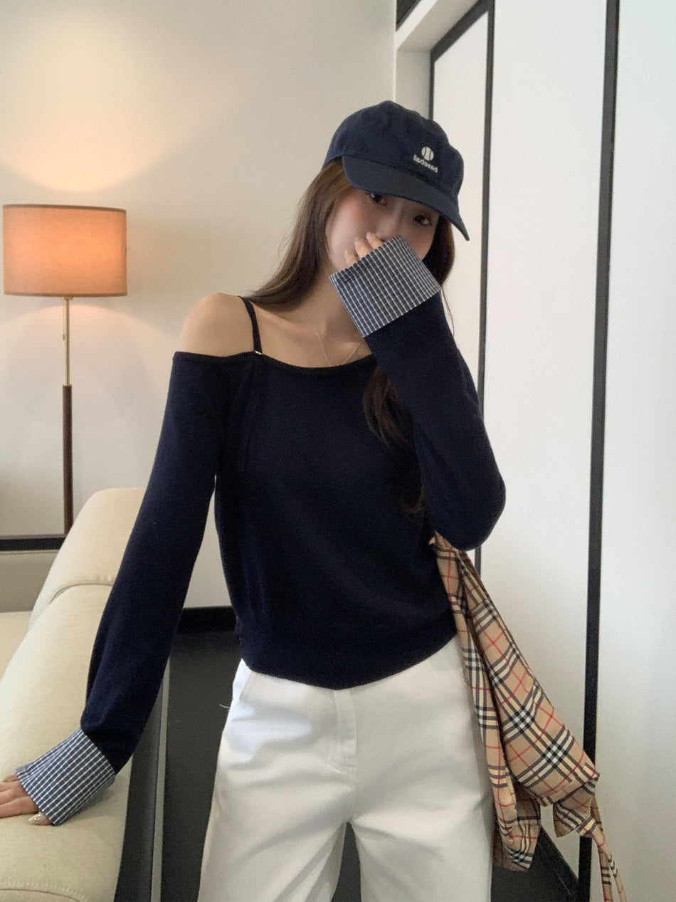 Korean Off-Shoulder Plaid Knit Women Winter Top