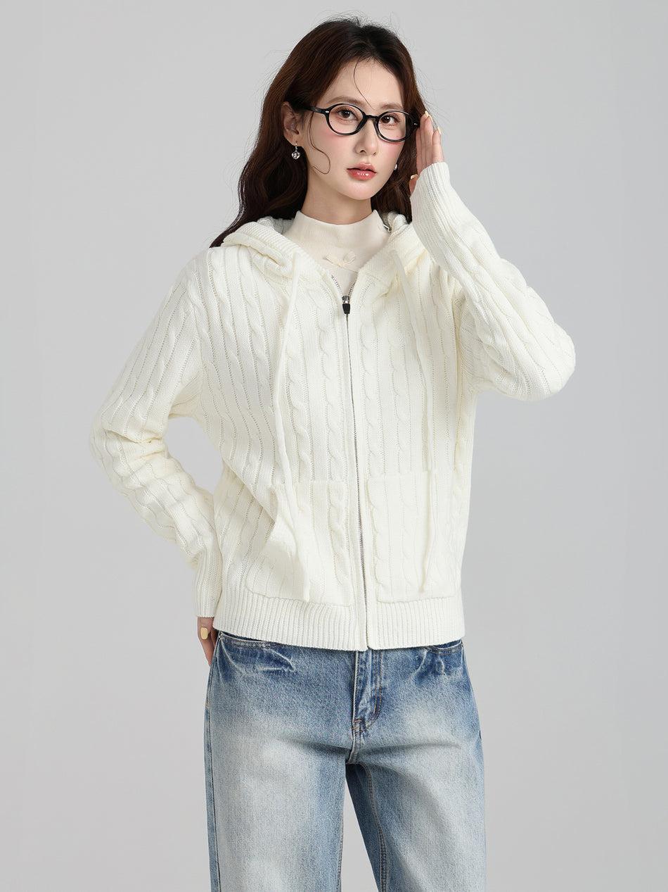 Women White Hooded Knit Cardigan Sweater Jacket