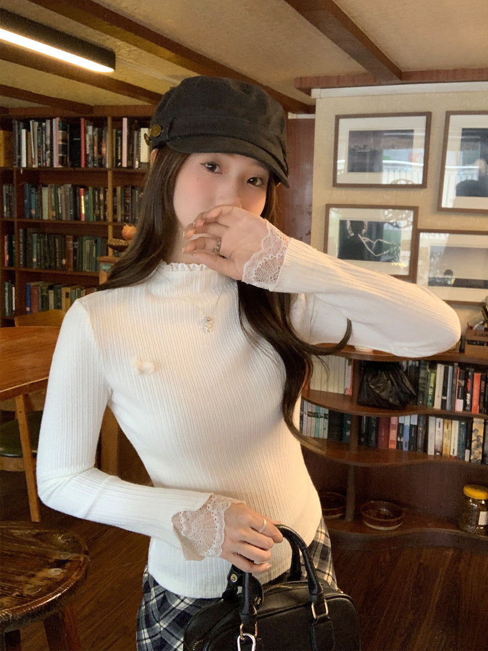 Women Lace Half Turtleneck Slim Fit Winter Autumn Top