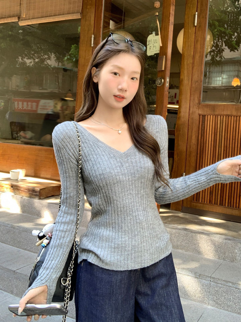 Women Gray Ribbed V-Neck Slim Fit Knit Top 2026