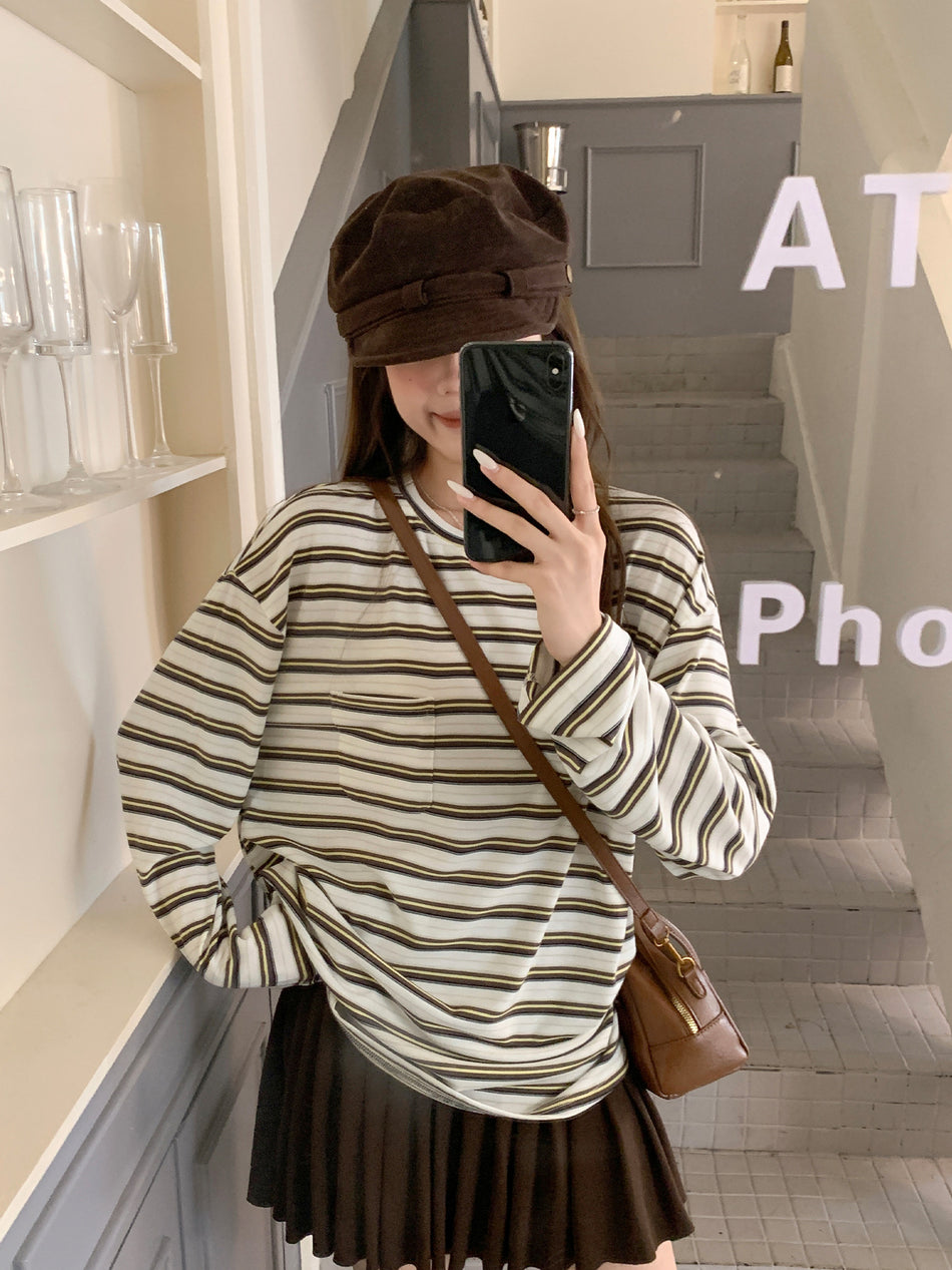 Women Striped Round Neck Loose Fit Pocket Top