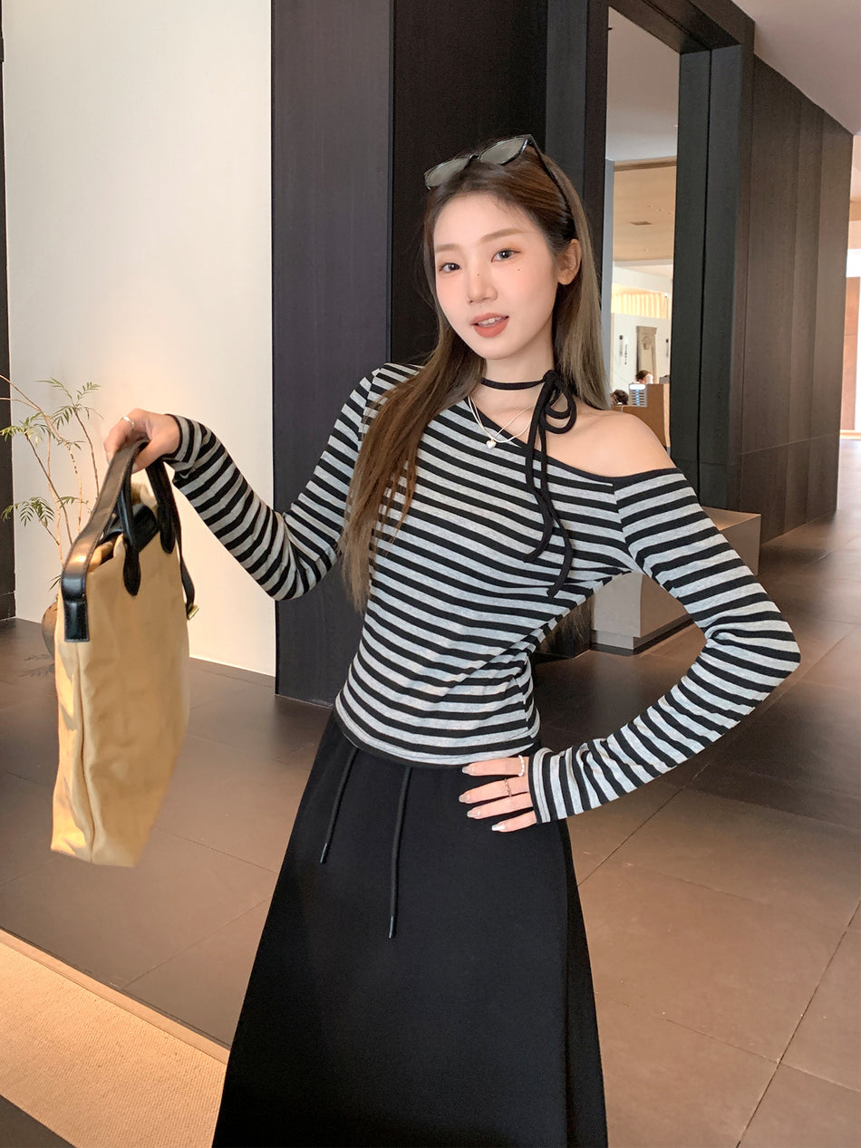 Women Gray Striped Off Shoulder Tie Knit Top