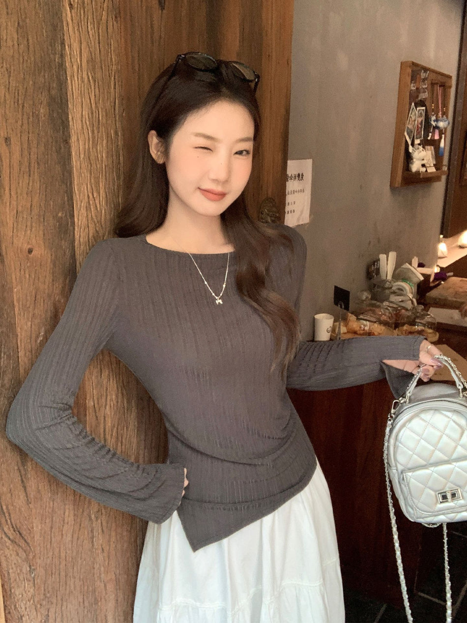 Women Gray Asymmetrical Hem Long Sleeve Slim Top