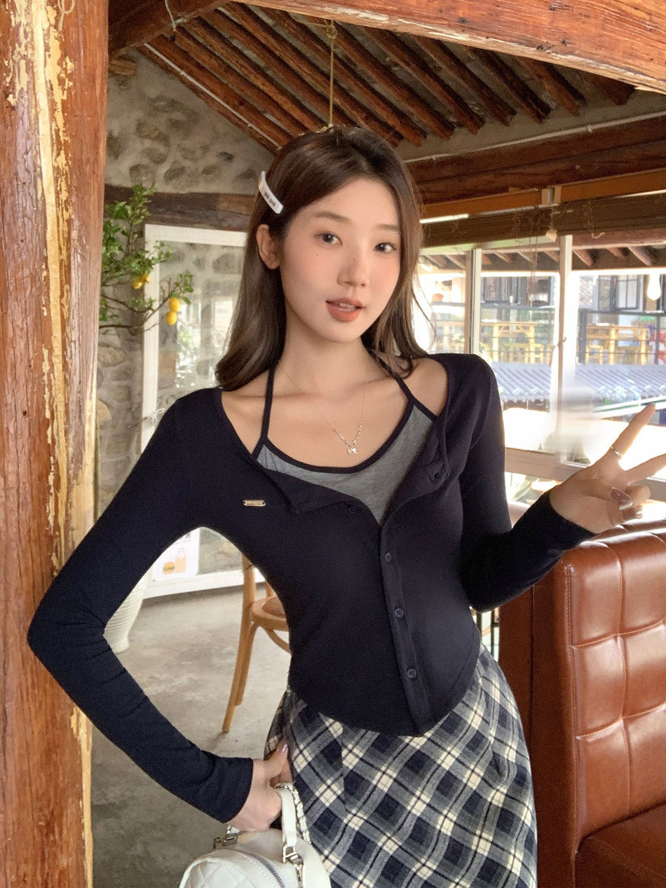 Women Halter Neck Fake Two Piece Slim Fit Long Top