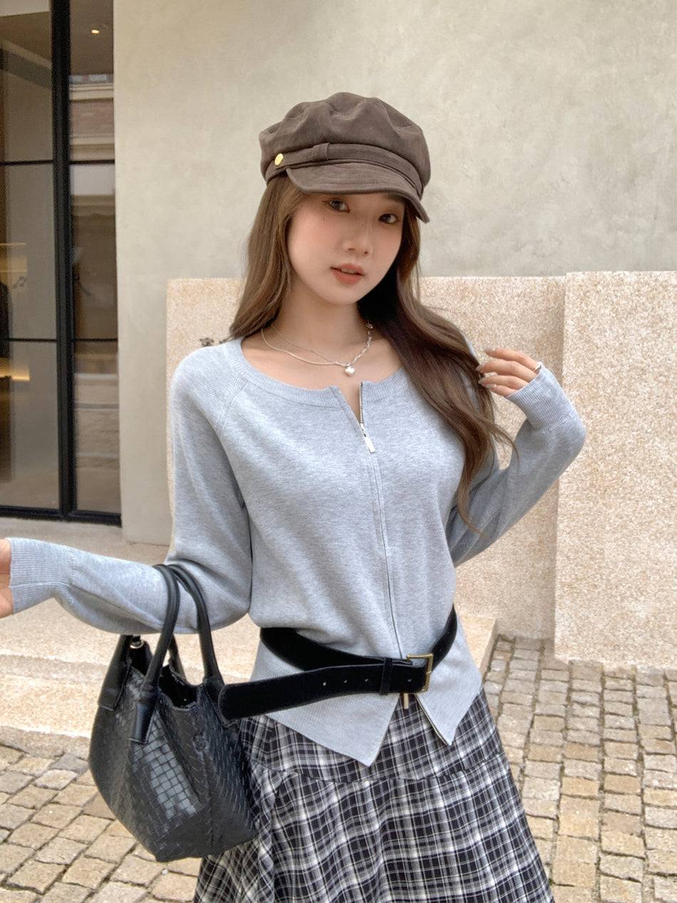 Women Gray Knit Cardigan Double Zipper Slim Top