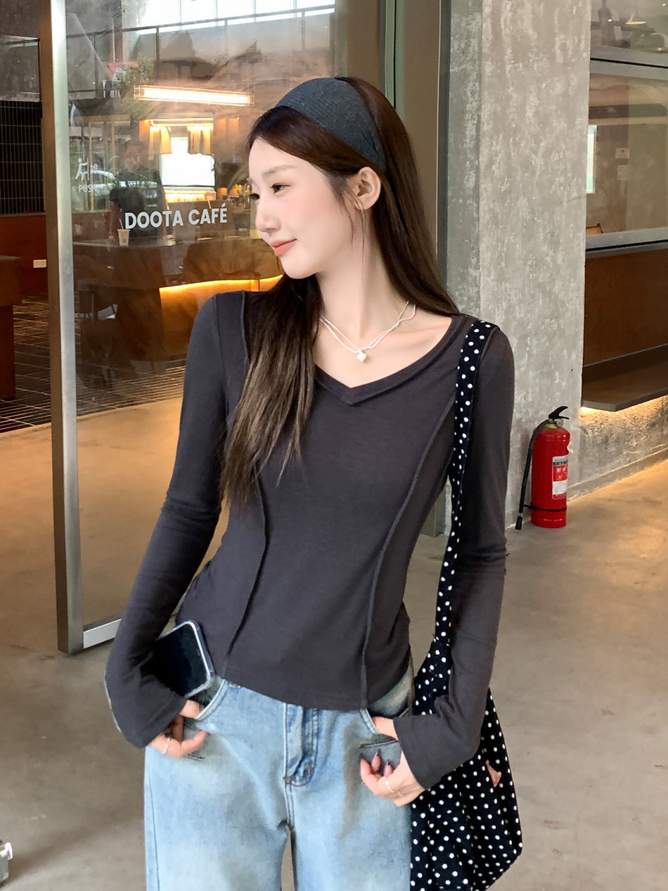 Women Dark Floral V Neck Slim Fit Long Sleeve Top