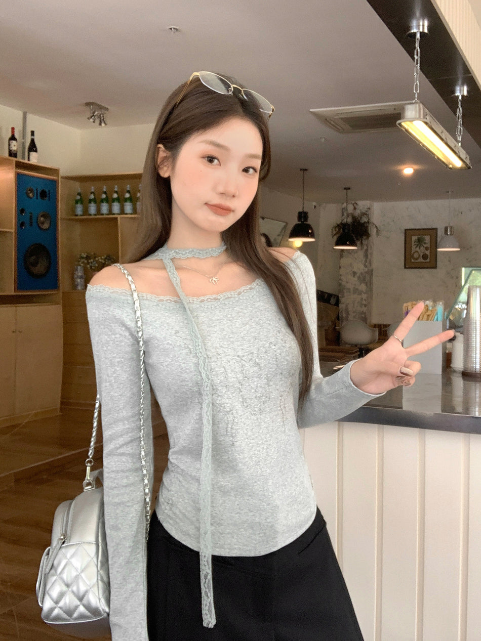 Women Lace Off Shoulder Printed Long Sleeve Top