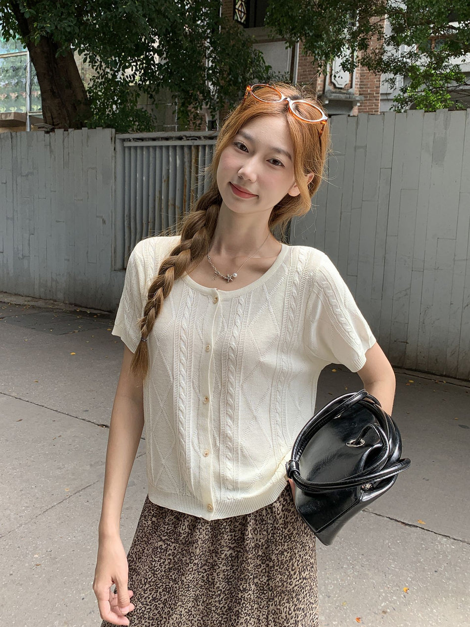 Women French Twist Knit Cardigan Short Sleeve Top