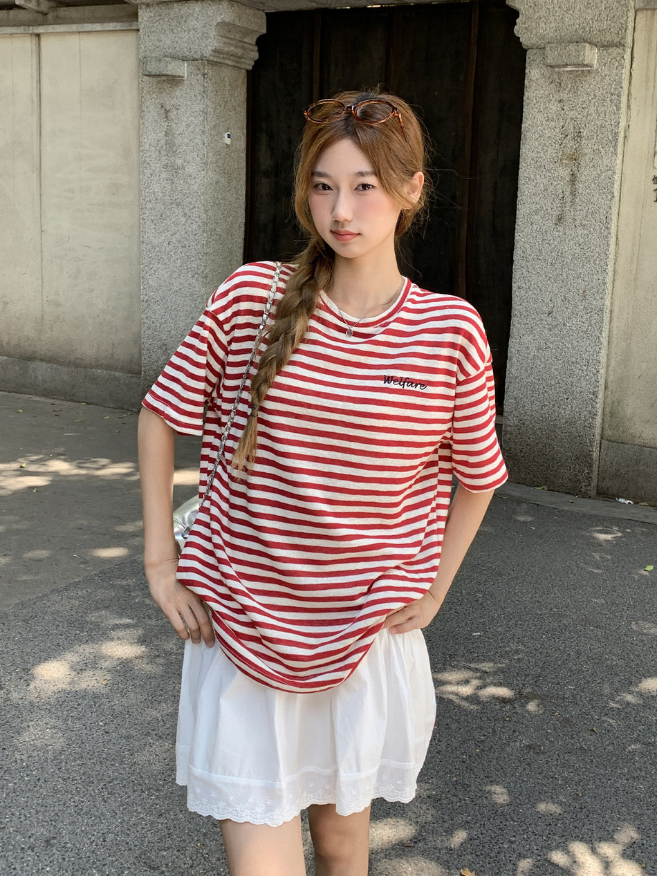Korean Style Striped Letter T-Shirt for Women Summer