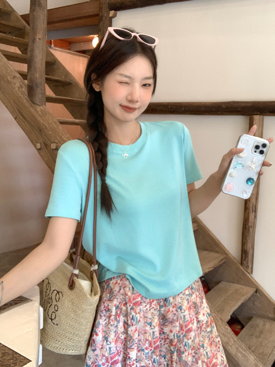 Blue Lazy Style Round Neck T-Shirt for Women Summer 2026