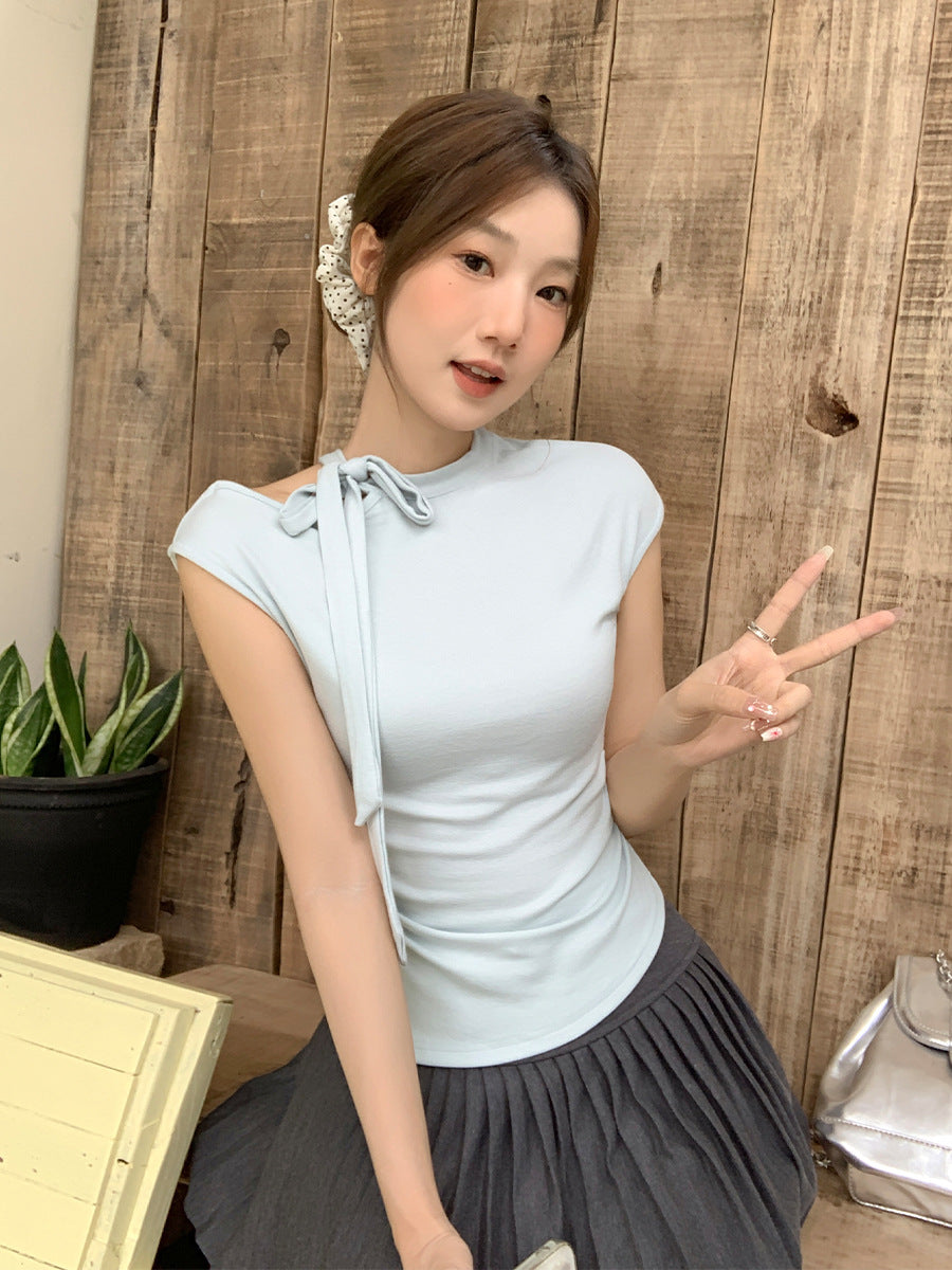 Irregular Hem Tie-Neck Slim T-Shirt for Women Summer