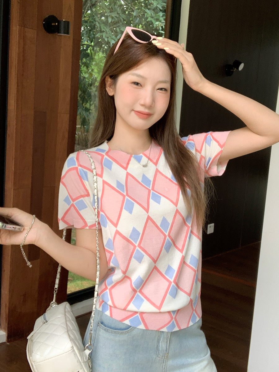 Pink Ice Silk Knit Slim T-Shirt for Women Summer