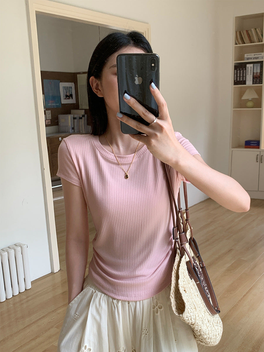 Korean Striped Curved Hem Slim T-Shirt for Women 2026