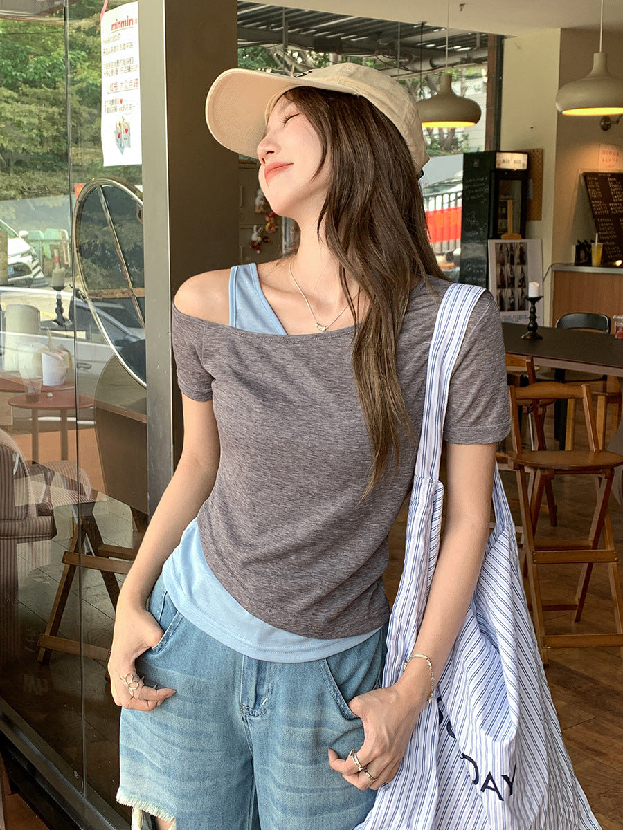 Chic Oblique Collar Slim T-Shirt for Women Summer