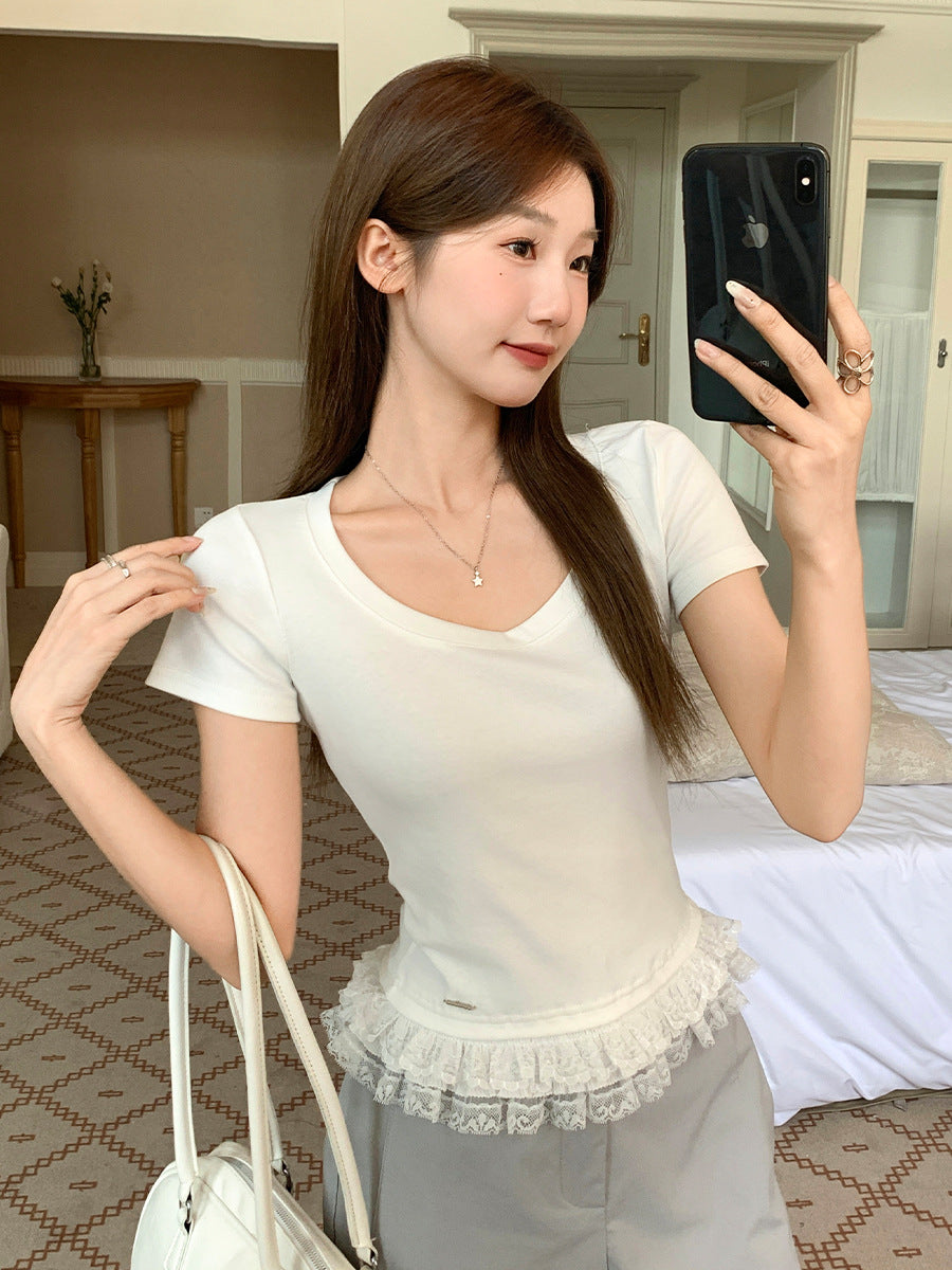 White U-Neck Lace Stitching T-Shirt for Women Summer