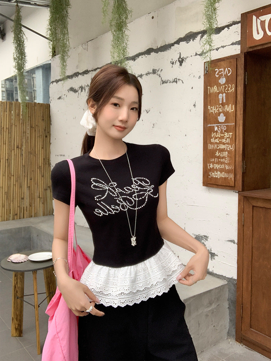 Black Lace Hem Round Neck T-Shirt for Women Summer