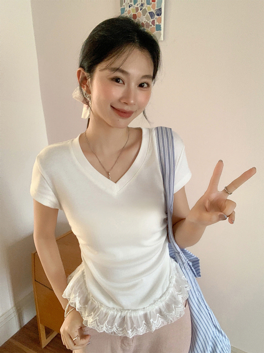 Lace Trim Ruched Waist T-Shirt for Women Summer 2026