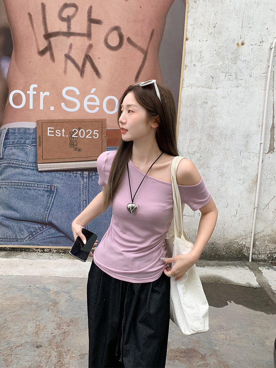 Off-Shoulder Ruched Slim T-Shirt for Women Summer 2026