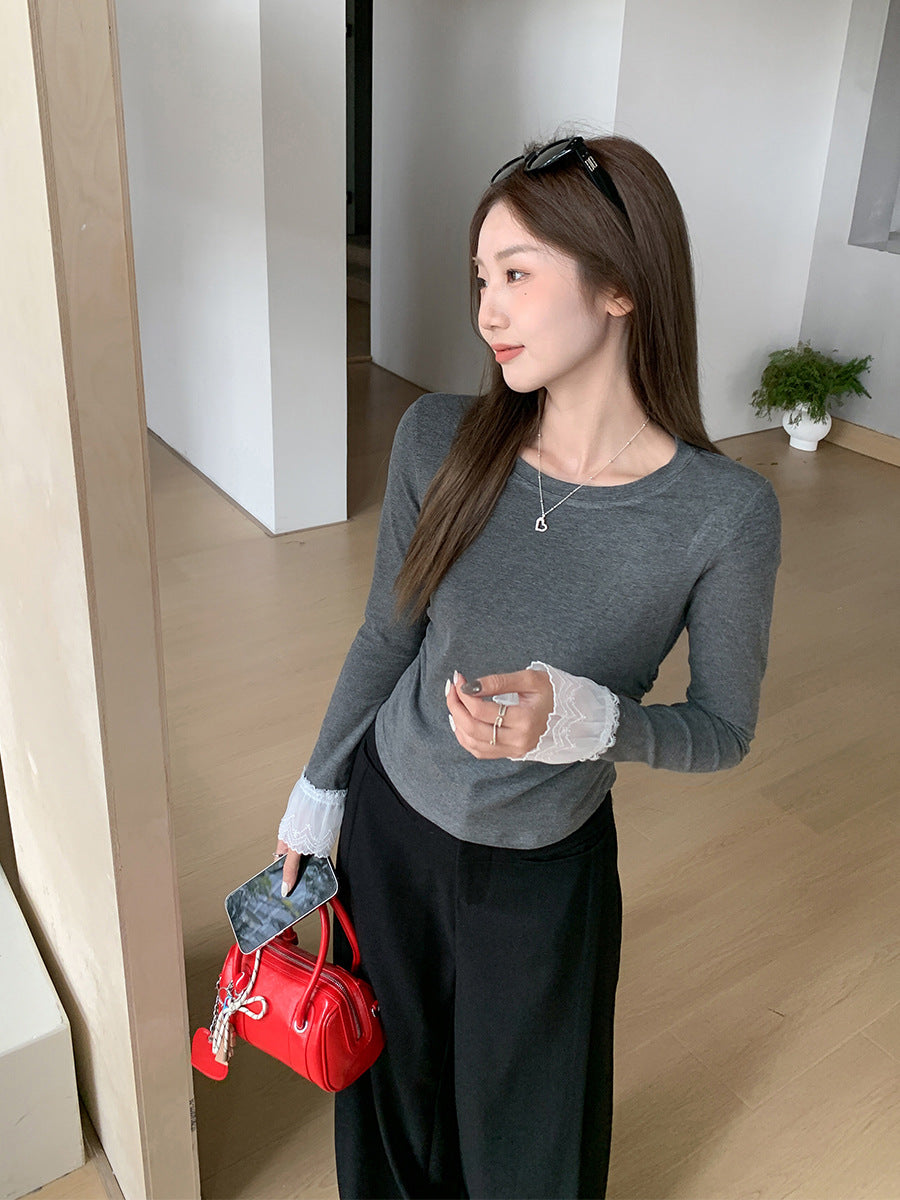 Korean Lace Pleated Slim Long Sleeve T-Shirt for Women