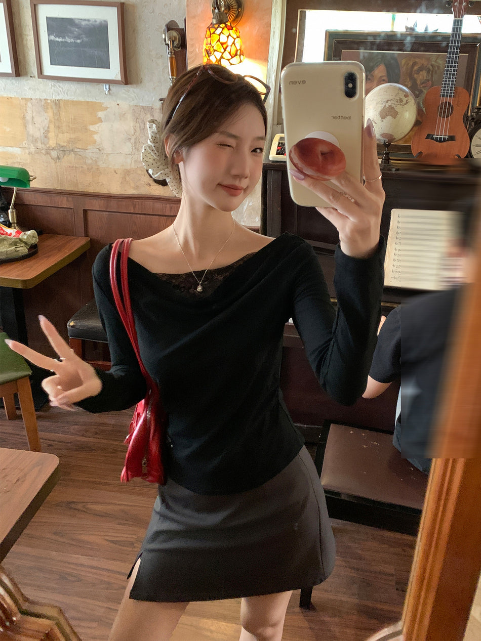 One-Shoulder Ruched Slim-Fit Long Sleeve T-Shirt
