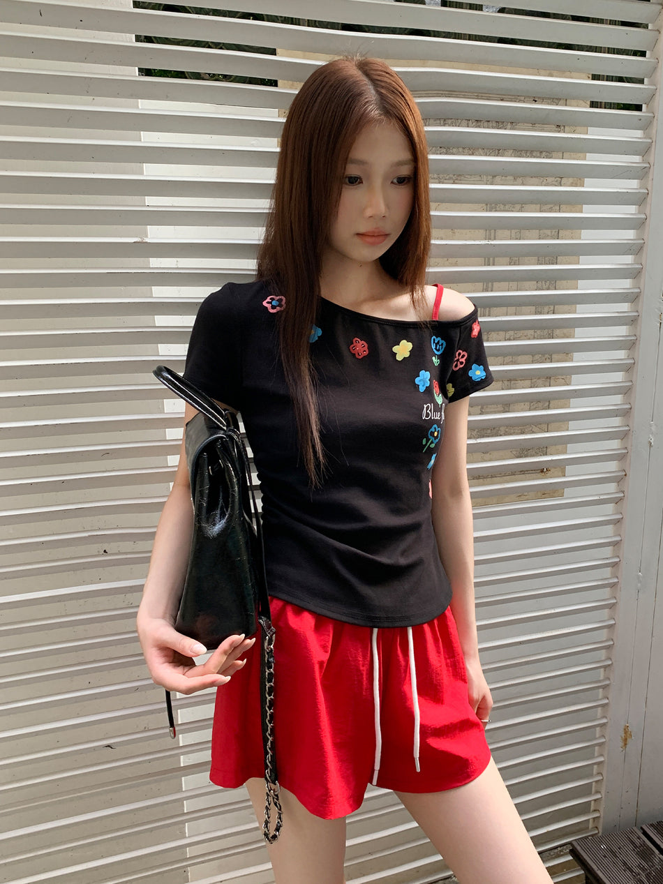 Black Off-Shoulder Printed Asymmetrical T-Shirt Women