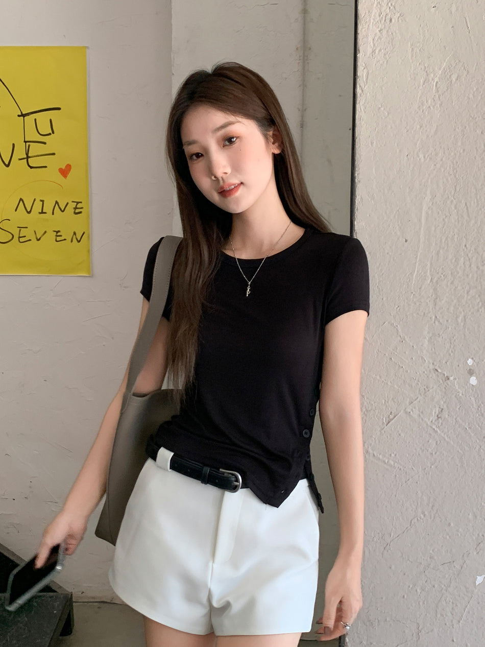 Asymmetrical Button Side Short Sleeve T-Shirt Women