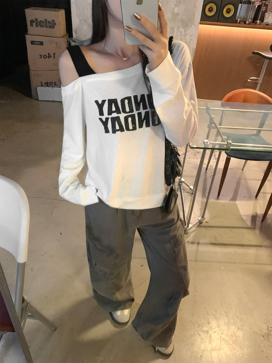 Korean Off-Shoulder Letter Print Long Sleeve Top