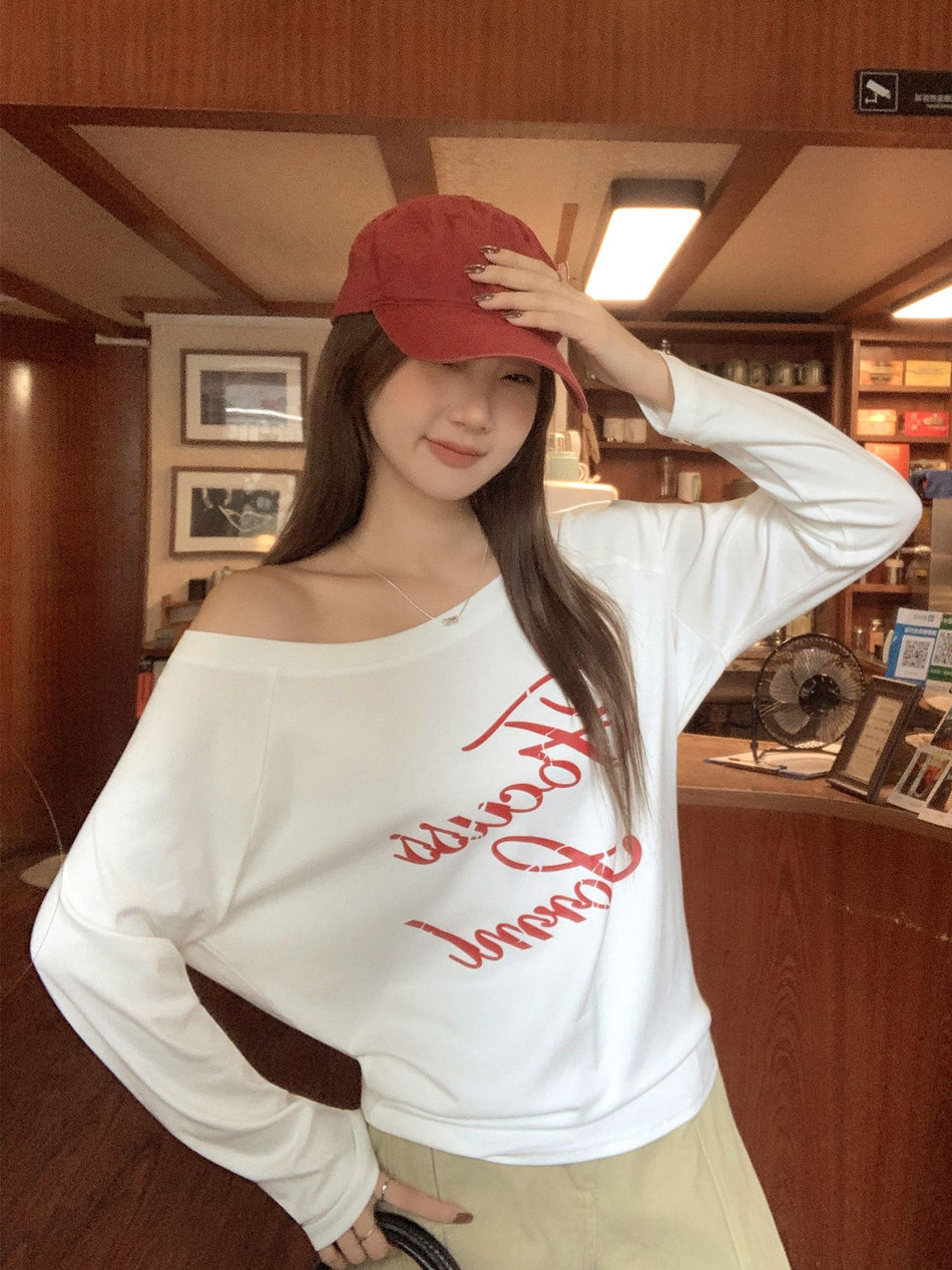 Off-Shoulder White Letter Print Long Sleeve Top Women