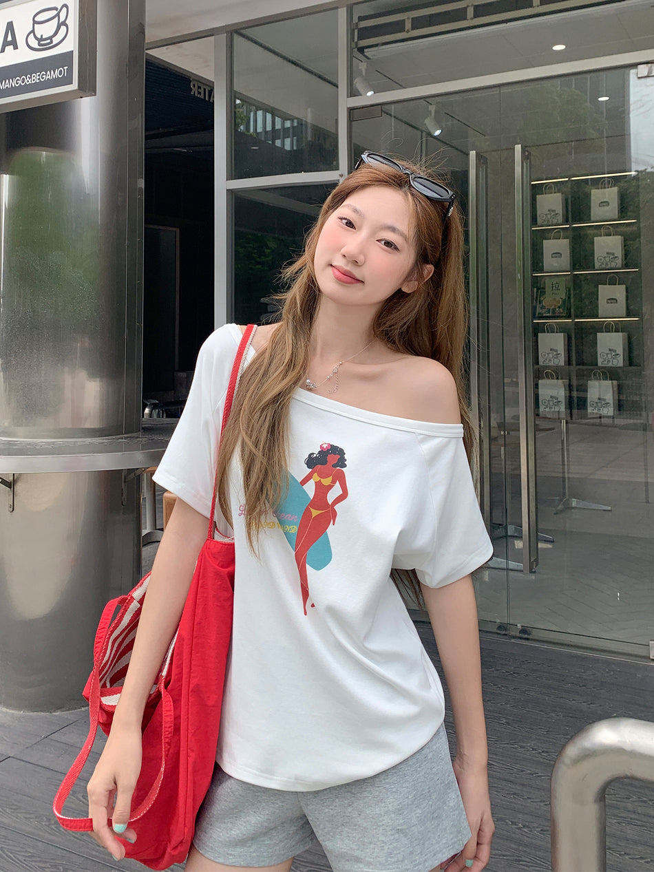 Off-Shoulder Printed Short Sleeve T-Shirt Women Summer