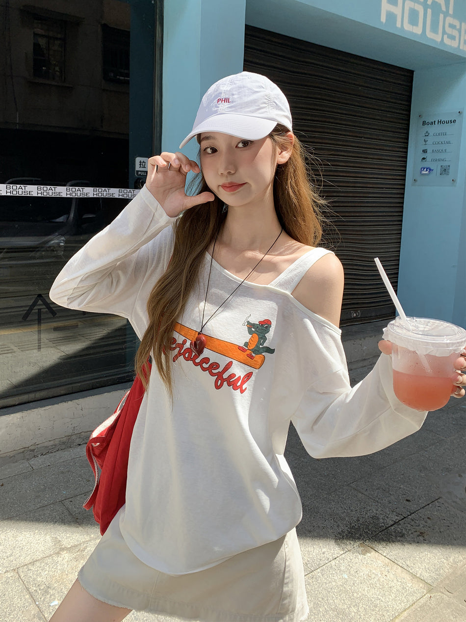 Korean White Letter Print Long Sleeve Shoulder T-Shirt