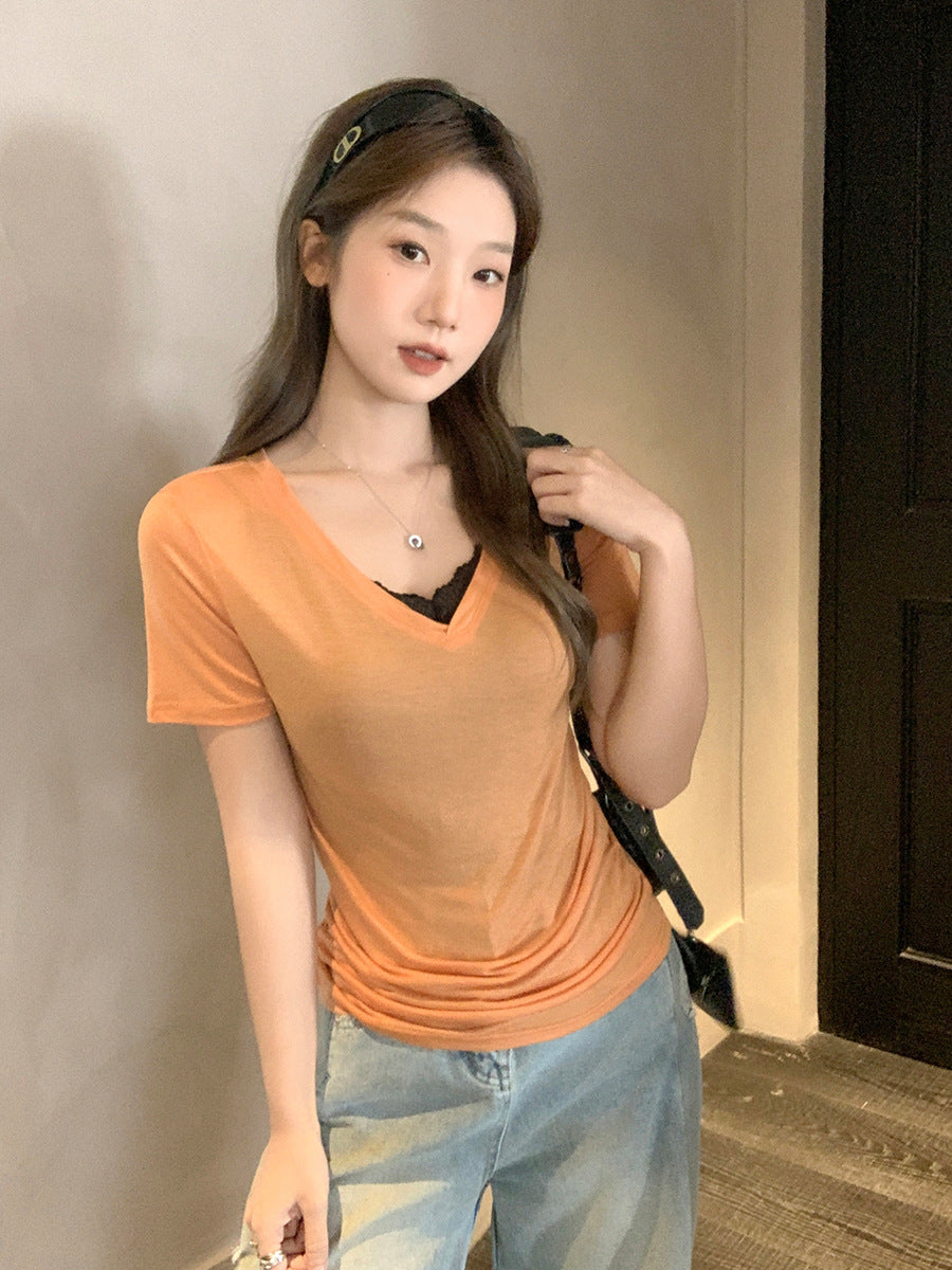 Korean V-Neck Off-Shoulder Short Sleeve T-Shirt Women