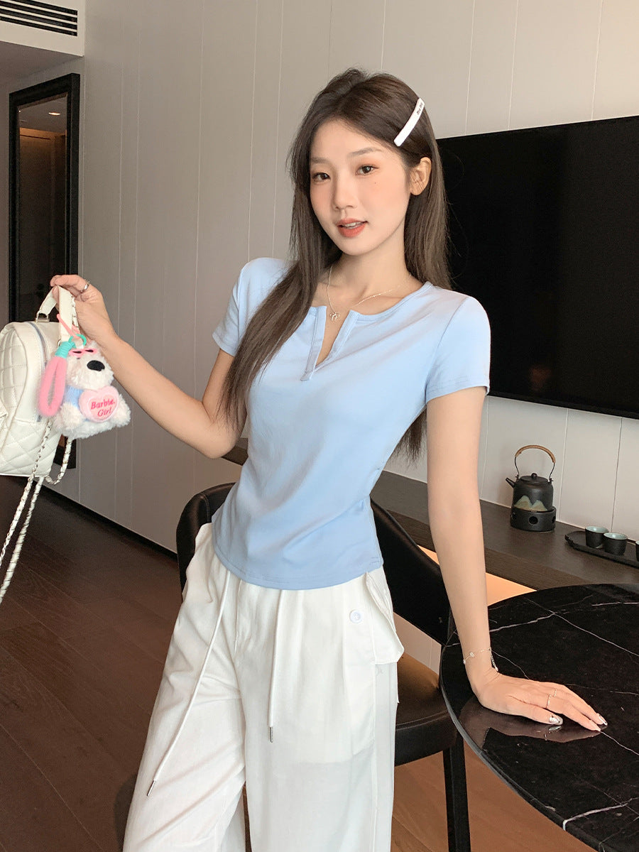 Lapel Shoulder Pleated Waist Slim T-Shirt Women Summer