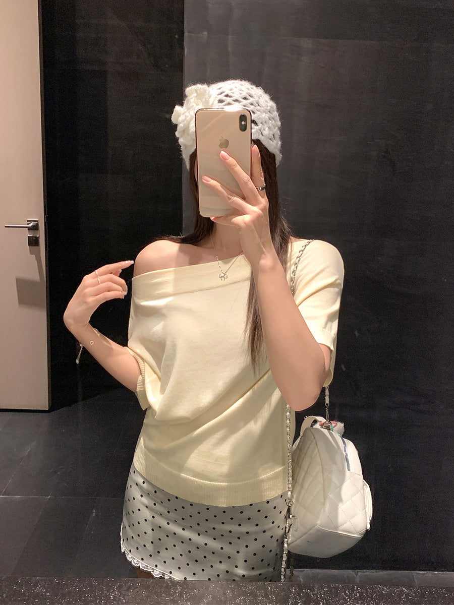 Cream Off-Shoulder Knit Asymmetrical Short Sleeve Top