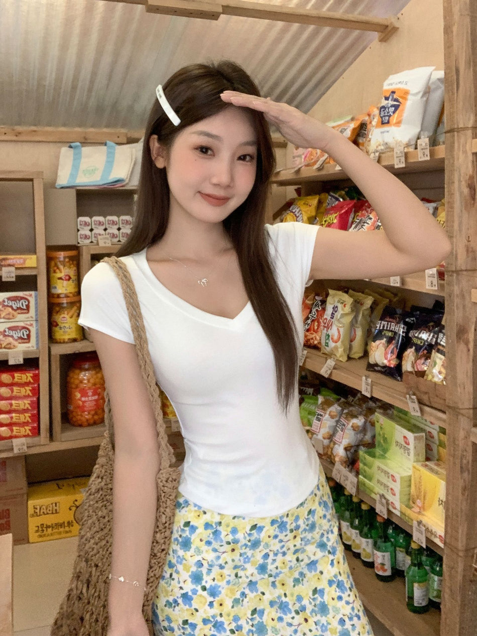 Tencel White V-Neck Slim Fit T-Shirt Women Summer