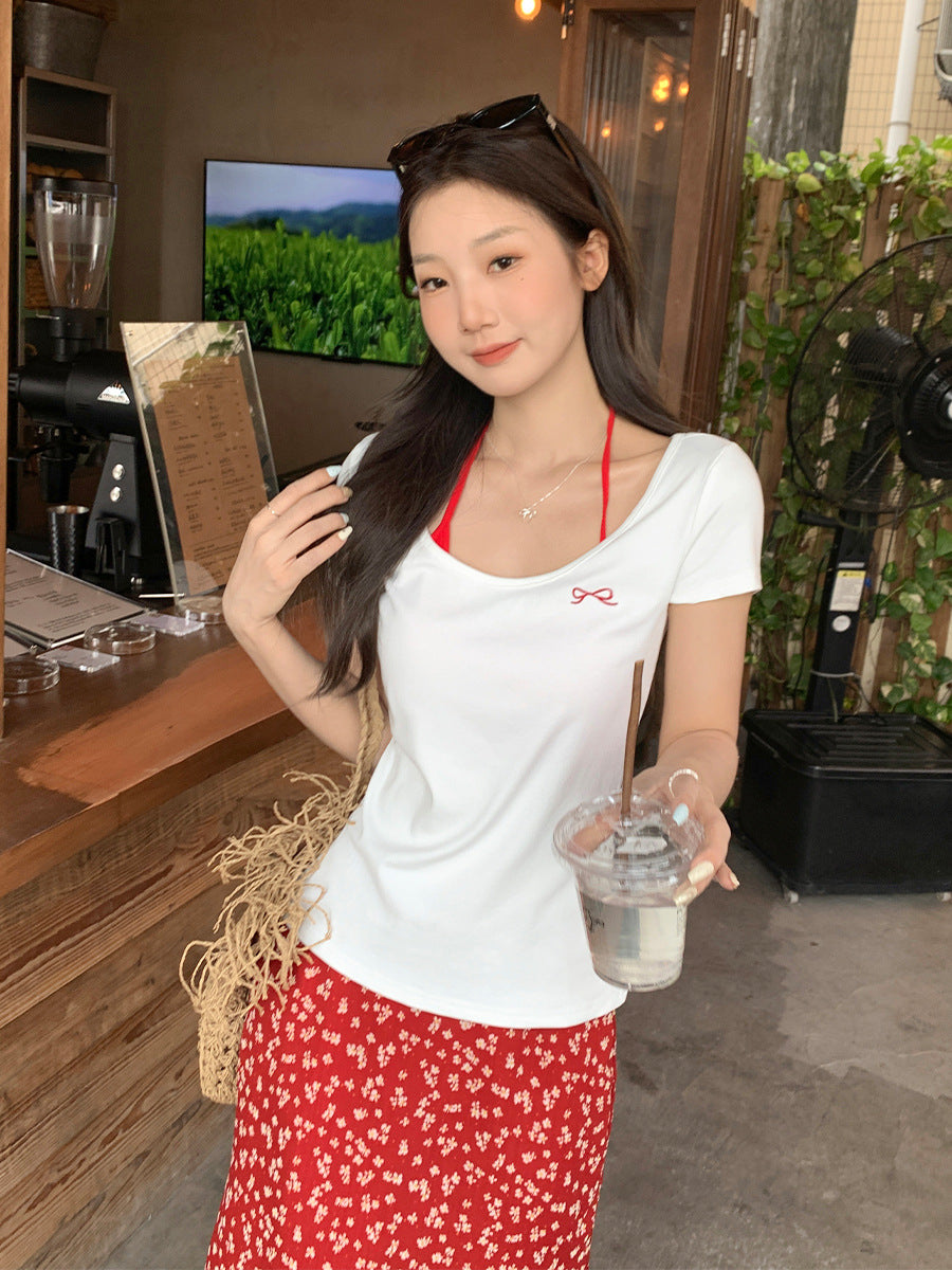 Korean Bowknot Embroidery Off-Shoulder T-Shirt Women