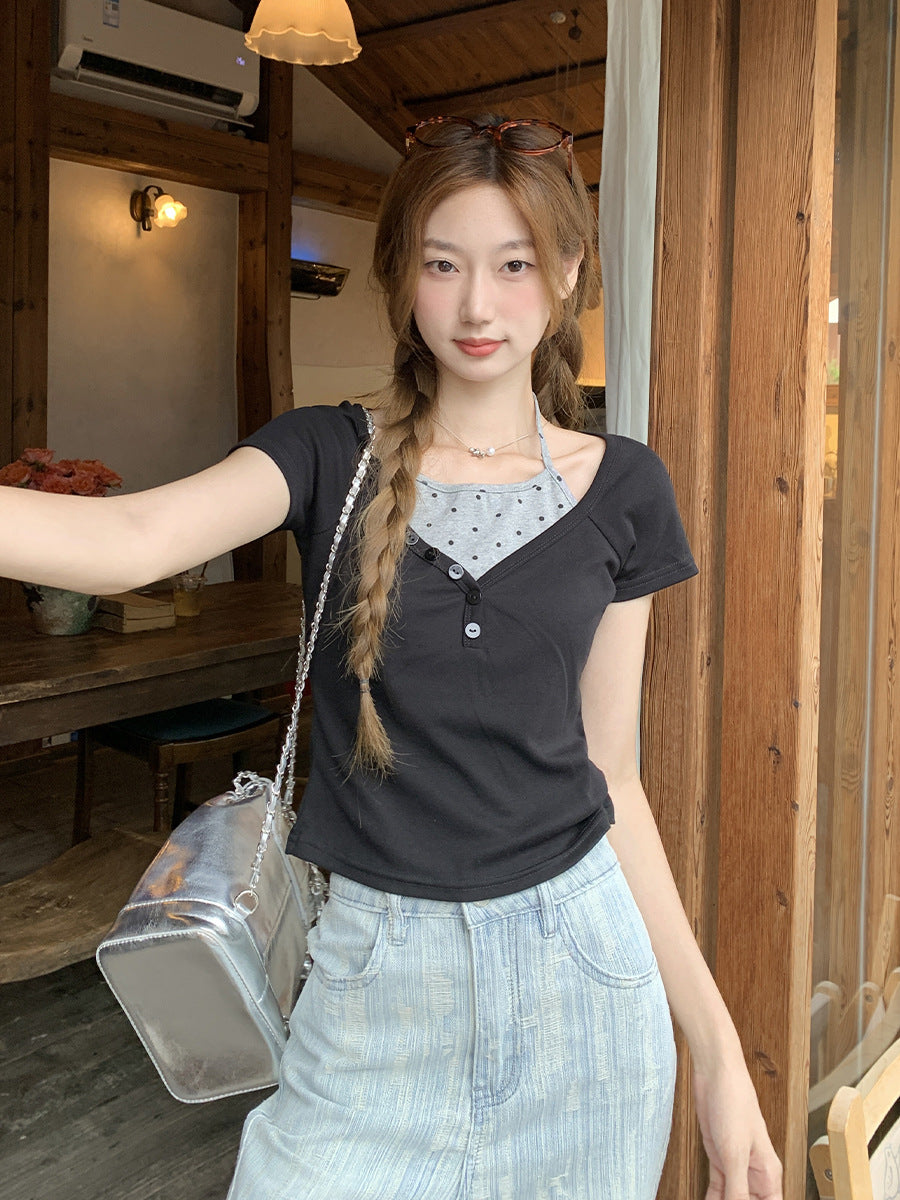Black Polka Dot Strappy Fake Two-Piece T-Shirt Women
