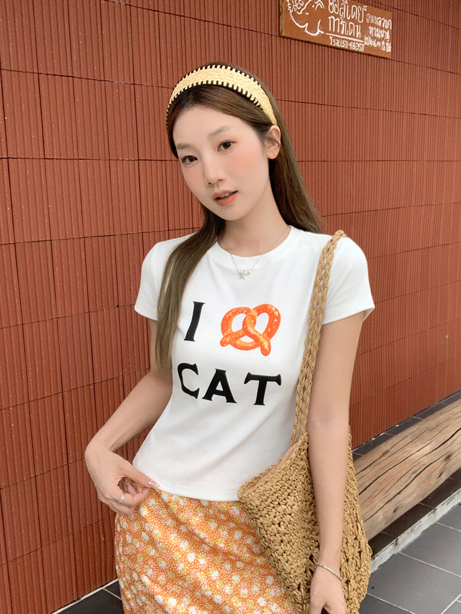 White Letter Print Slim Fit Women Summer T-Shirt 2026