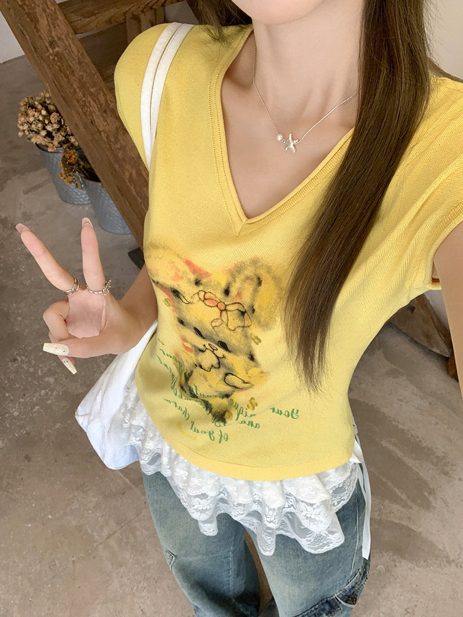 Cute Rabbit Print V-Neck Women Summer T-Shirt 2026