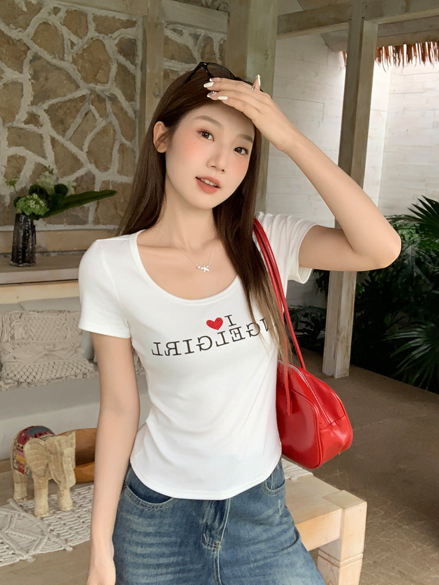 Heart Print U-Neck Women Summer T-Shirt 2026