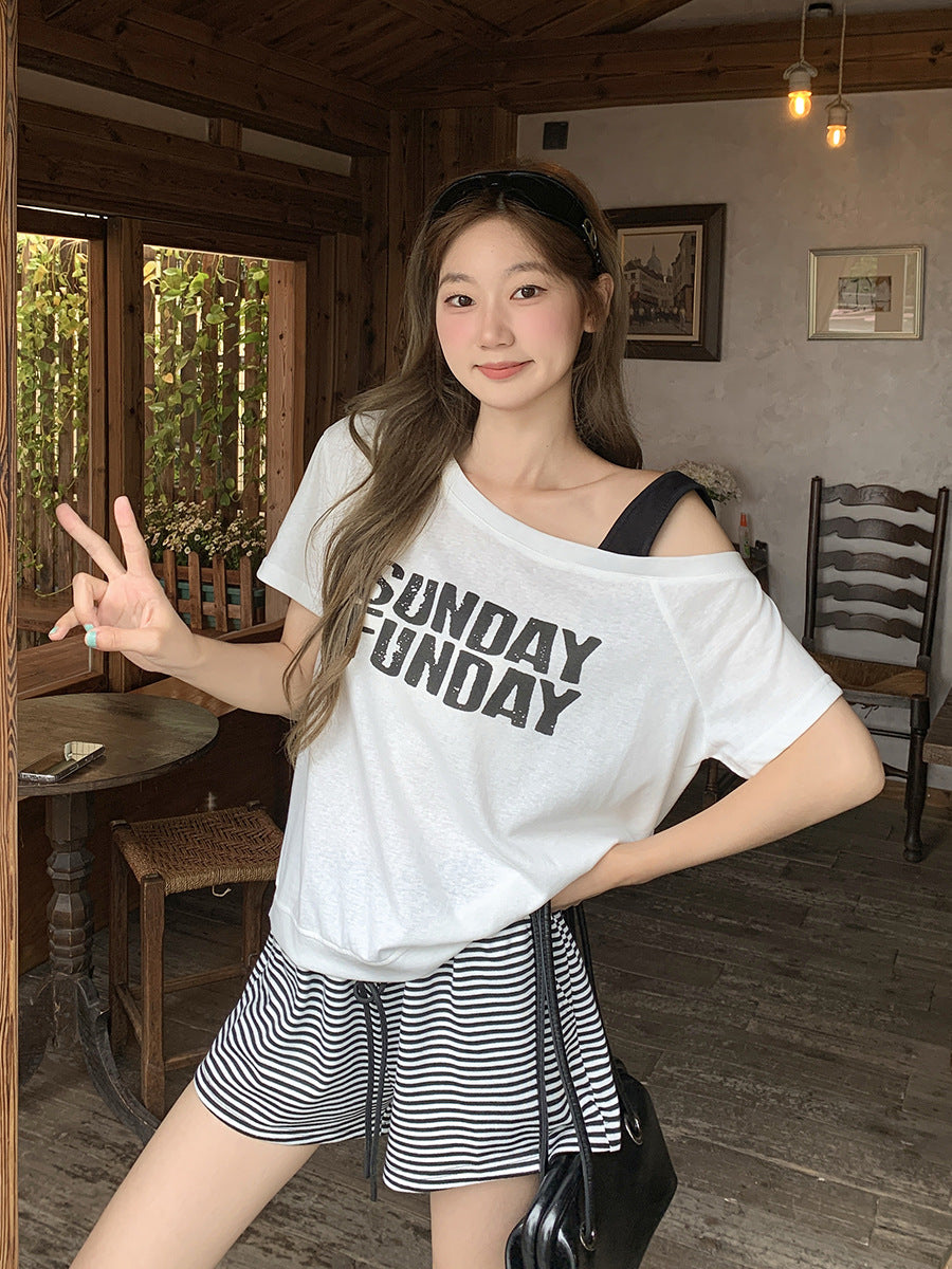 Korean Off Shoulder Color Block Women Summer T-Shirt