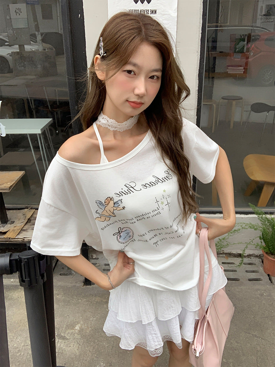 White Off Shoulder Ruched Women Summer T-Shirt 2026