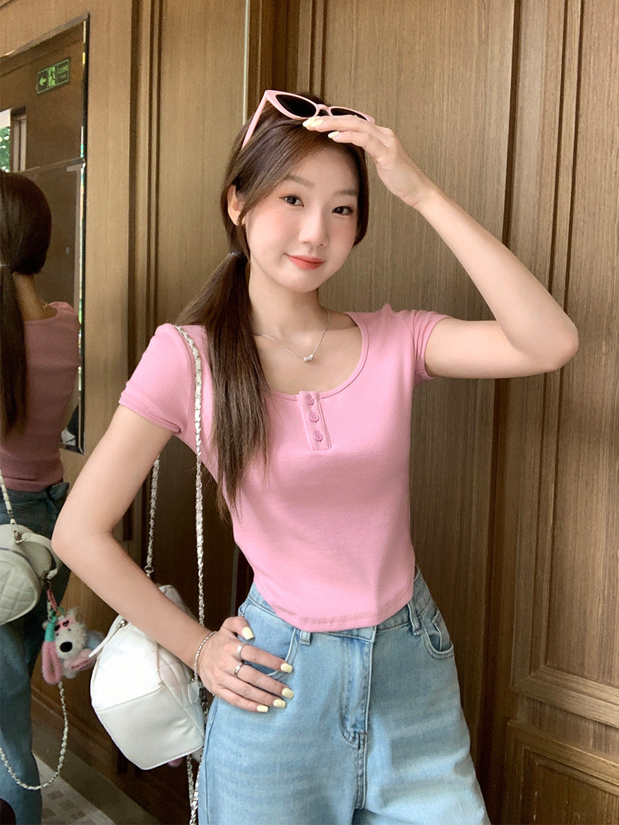 Button Design Slim Fit Women Summer T-Shirt 2026